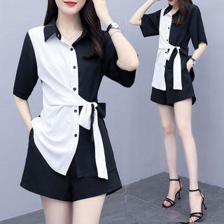 Set: Short-sleeve Paneled Shirt + Wide-leg Shorts