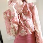 Tie-neck Layered-ruffle Floral Blouse Pink - One Size