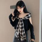 Mock Two-piece Long-sleeve Top Black & White Plaid & Black - One Size
