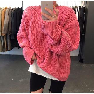Zip-sleeve Distressed Chunky Sweater