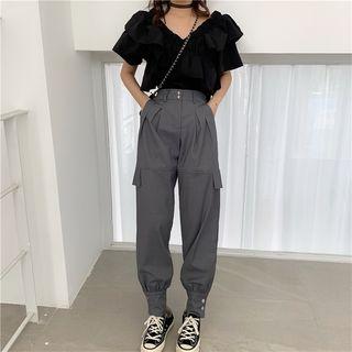 Short-sleeve Ruffled Top / Cargo Harem Pants