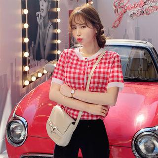 Short-sleeve Gingham Cardigan