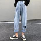 Set: Long-sleeve Plain T-shirt + High-waist Ripped Jeans