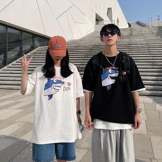 Couple Matching Elbow Sleeve Shark Print T-shirt