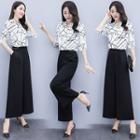 Set: Elbow-sleeve Blouse + Wide-leg Dress Pants