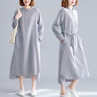 Striped Stand-collar Medium Maxi Shirtdress