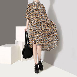 Elbow-sleeve Letter Plaid Shirt Dress