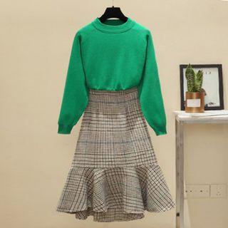 Set: Crew-neck Sweater + Ruffle Hem Plaid A-line Skirt