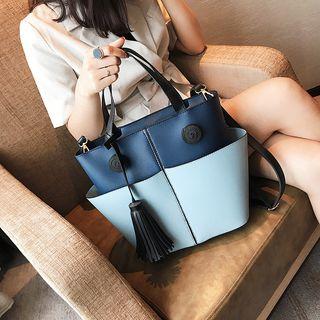 Faux-leather Tasseled Panel Satchel