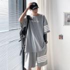 Set: Striped Lettering Elbow-sleeve T-shirt + Shorts