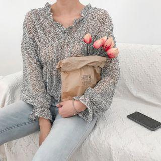 Frill-neck Shirred Floral Blouse