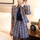 Set: Faux Pearl Button Single-breasted Plaid Jacket + Shorts
