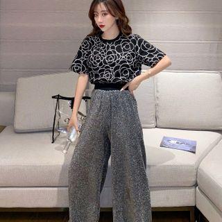Short-sleeve Floral Print T-shirt / Sparkly Wide-leg Pants