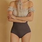 Off-shoulder Frill Trim Two-tone Swimsuit
