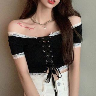 Short-sleeve Lace Up T-shirt Black - One Size