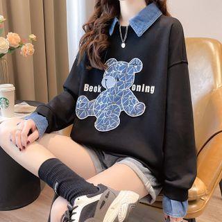 Mock Two-piece Denim Panel Bear Print Sweatshirt