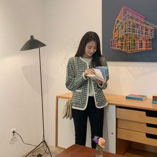 Piped Houndstooth Tweed Jacket Green - One Size