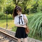 Elbow-sleeve Letter Ribbon Shirt / A-line Mini Pleated Skirt