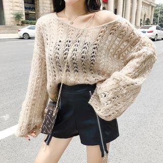 Set: Perforated Sweater + Faux Leather Wide-leg Shorts