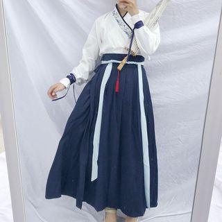 Traditional Chinese Set: Long-sleeve Top + A-line Midi Skirt