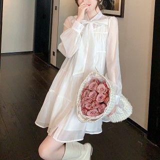 Bow-neck Plain Mini A-line Dress