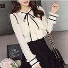 Single-breasted Frill Trim Bow Long-sleeved Open-front Blouse