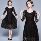 3/4-sleeve Dotted Midi A-line Lace Dress