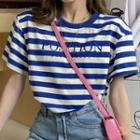 Short-sleeve Striped Embroidered Cropped T-shirt Stripe - White & Blue - One Size
