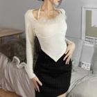 Asymmetrical Long-sleeve Fluffy Trim Ribbed T-shirt