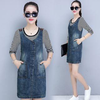 Set: Long-sleeve Top + Denim Mini Jumper Dress
