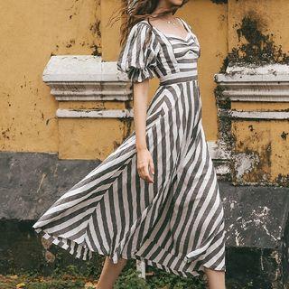 Puff-sleeve Striped Maxi Dress