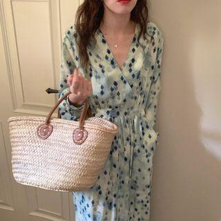 Long-sleeve V-neck Print Maxi A-line Dress Blue Print - Light Green - One Size
