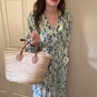 Long-sleeve V-neck Print Maxi A-line Dress Blue Print - Light Green - One Size