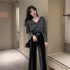 Set: V-neck Long-sleeve T-shirt + Cropped Wide-leg Pants Top - Silver - One Size / Pants - Black - One Size