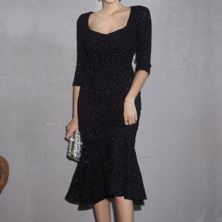 Elbow-sleeve Sequined Ruffle Hem Sheath Dress