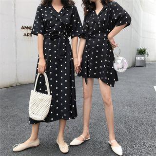 Elbow-sleeve Dotted Midi / Mini A-line Wrap Dress