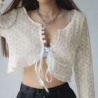 Lace-up Pointelle Knit Cropped Cardigan