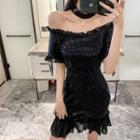 Set: Off-shoulder Sequined Mini A-line Dress + Choker
