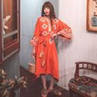 Long-sleeve Floral Embroidered Tasseled Midi Shift Dress Tangerine - One Size