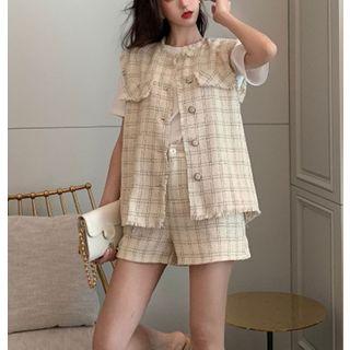 Fray-trim Plaid Vest / Shorts