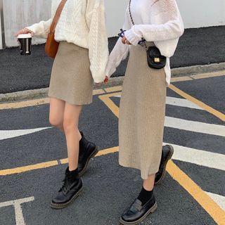 High-waist Plain Knit Slit Skirt