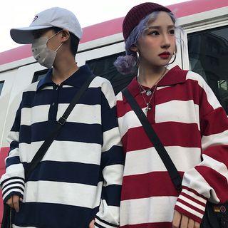 Couple Matching Striped Long-sleeve Knit Polo Shirt