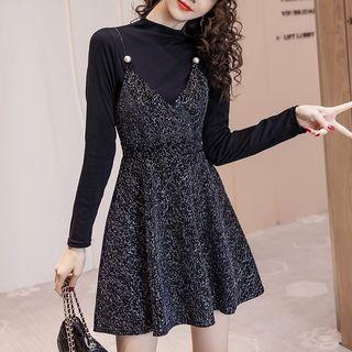 Set: Long-sleeve Knit Top + Glitter Mini Pinafore Dress