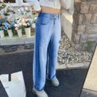 High-waist Side Slit Distressed Straight Leg Denim Pants
