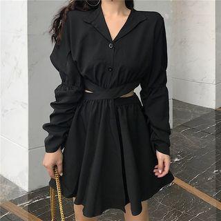 Long-sleeve Cut-out Mini A-line Shirt Dress
