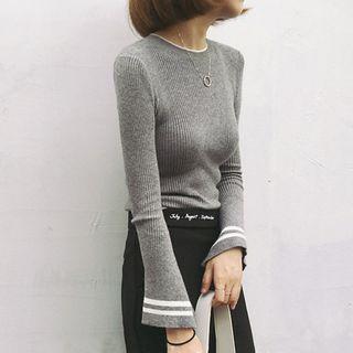 Striped Elastic Bell-sleeve Knit Top