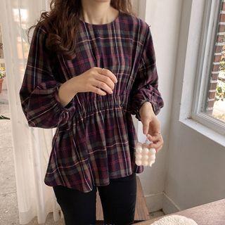 Band-waist Plaid A-line Blouse