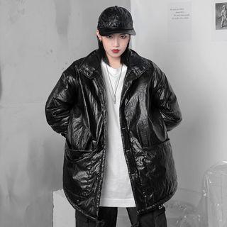 Lettering Faux Leather Padded Jacket