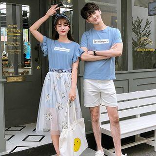 Couple Matching Lettering T-shirt Dress / Mesh Skirt / T-shirt / Shorts / Set