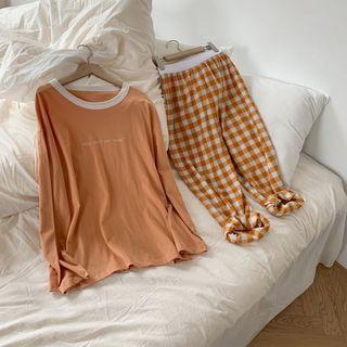 Set: Contrast-collar Long-sleeve Top + Straight-leg Pants